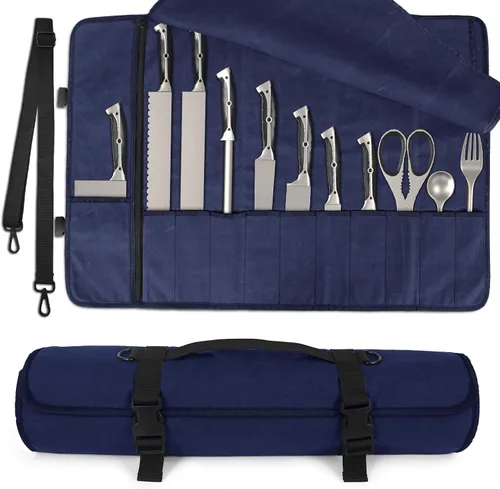 Vista 11 de lelezone Bolsa enrollable para cuchillos de chef, resistente al agua, funda de lona encerada para cuchillos, bolsas enrollables para chefs