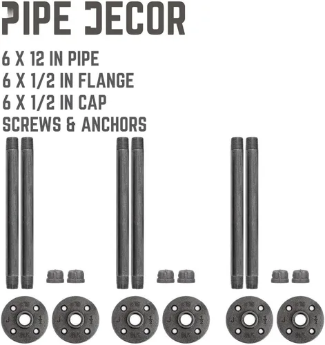 Vista 8 de Pipe Decor Soportes industriales para estantes – Juego de dos, accesorios industriales de acero gris hierro, bridas y tubos para estantes flotantes
