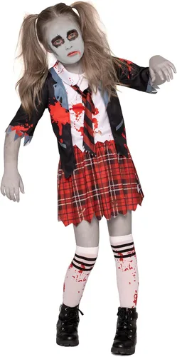 Vista 8 de Spooktacular Creations Disfraz de colegiala zombi, disfraz de zombi sangriento para niños, Halloween, escuela, fiesta de eventos, XL