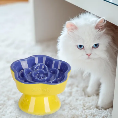 Vista 6 de S&Q's CERAMICS Cuenco elevado de alimentación lenta para gatos, cuenco de cerámica elevado e inclinado para comida para mascotas, comedero lento Azul