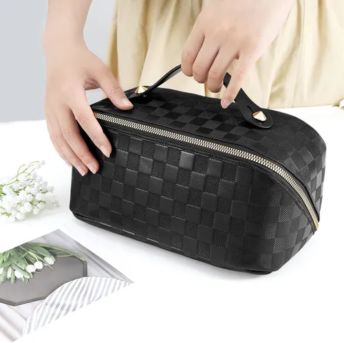 Vista 8 de Bolsa de cosméticos de viaje de gran capacidad - Bolsas de maquillaje portátiles para mujeres, impermeable, de cuero PU a cuadros, con organizador