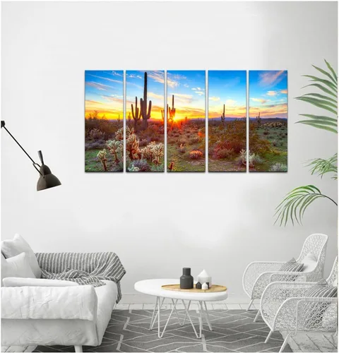 Vista 4 de sechars 5 piezas de pintura Arizona extragrande del desierto de Sonora al atardecer impresión en lienzo Arizona Cactus paisaje ilustraciones