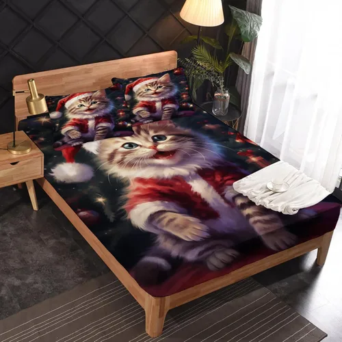 Vista 3 de Sábanas de gato tamaño individual – Sábanas y fundas de almohada de Navidad – 100% microfibra, estampado de alta cantidad de hilos, sábana encimera