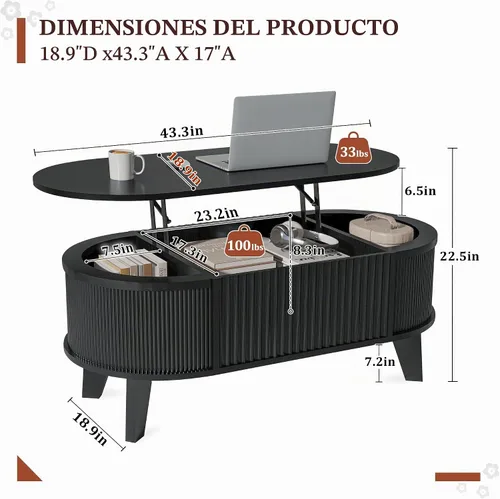 Vista 2 de LYNCOHOME - Mesa auxiliar negra de 43.3 pulgadas para sala de estar con Negro
