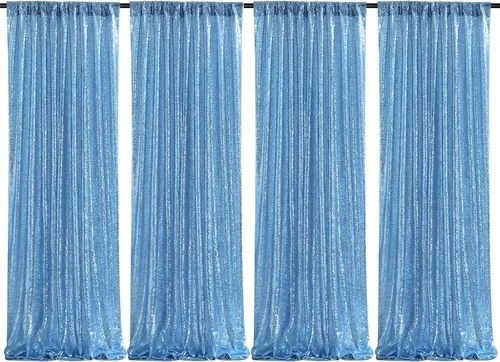 Vista 48 de Cortinas de fondo de lentejuelas con purpurina azul bebé, 2 piezas de 2 x 8 pies, telón de fondo de fiesta de baby shower para niños, hermosas