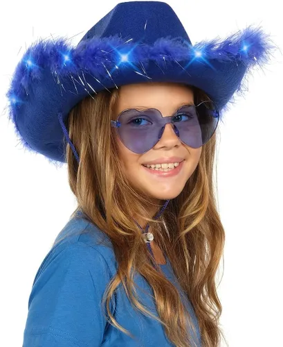 Vista 4 de Funcredible Purple Light Up Cowboy Hat and Glasses - Cowgirl Hat for Girls - Cowboy Hat with Feathers - Cowgirl Accessories