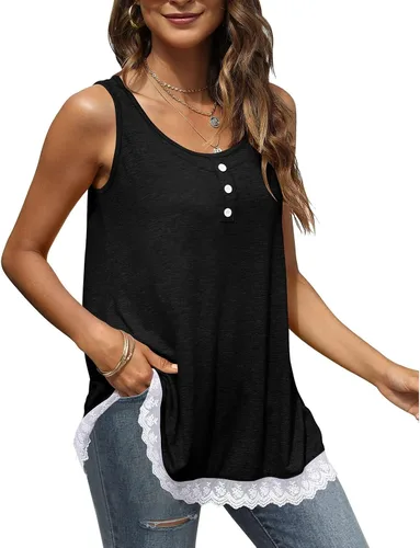 Vista 8 de Women Crewneck Button Up Tank Top Casual Loose Pure Color Lace Trim Ruffle Hem Camisole for Daily Party Date