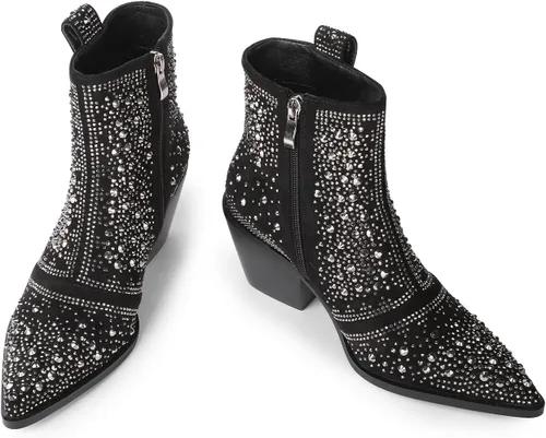 Vista 2 de ISNOM Botas vaqueras con diamantes de imitación, botines brillantes con punta puntiaguda y diseño de tacón grueso