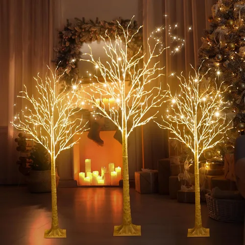 Vista 8 de Aurelema 6 piezas de árbol de abedul iluminado de 4 pies, 5 pies y 6 pies, 8 modos de Navidad, luces LED artificiales de color blanco cálido, árbol