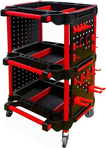Vista 8 de Carrito de Detallado de Automóviles con Ruedas – Organizador Utilitario Móvil Resistente de 3 Niveles para Lavado de Autos y Reparaciones