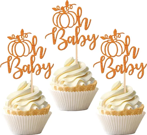 Vista 20 de 24 piezas de decoración de calabaza para cupcakes con purpurina temática de otoño, decoración de pasteles con temática de calabaza, cumpleaños