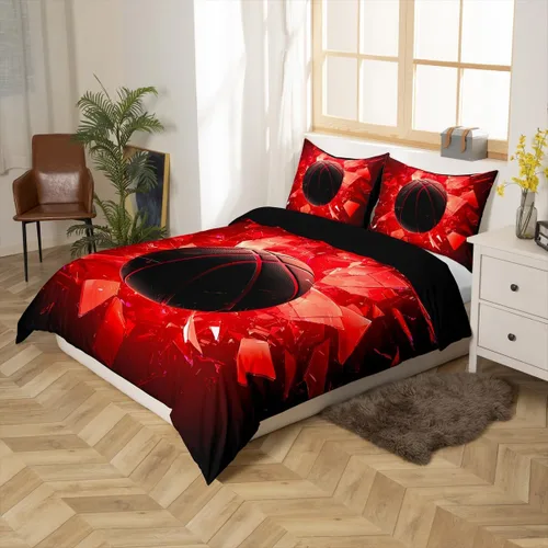 Vista 2 de Erosebridal Juego de funda de edredón de baloncesto, tamaño individual, color negro y rojo, juego de ropa de cama con bola 3D para niños, niños