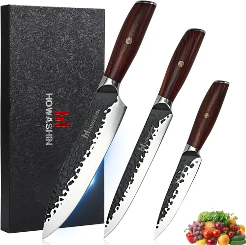 Vista 13 de Juego de cuchillos de cocina de 3 piezas con mango de madera de rosa negra, juego de cuchillos de chef profesional de acero inoxidable alemán