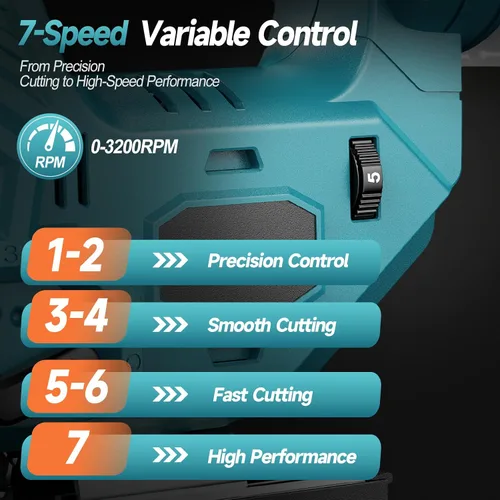 Vista 7 de Sierra de calar inalámbrica compatible con batería Makita de 18V, motor sin escobillas, control variable de 7 velocidades, 3200 RPM, potencia