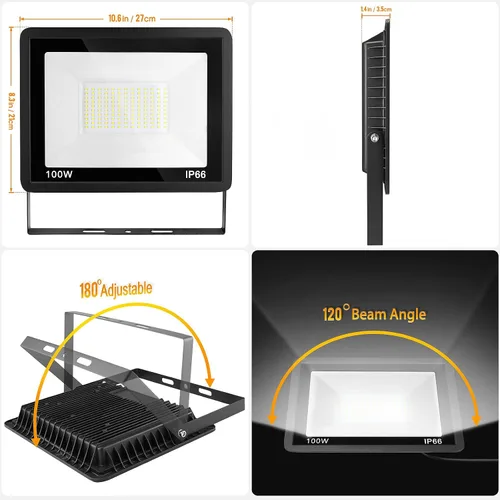 Vista 4 de 100 W Luz LED de inundación para exteriores, paquete de 2, 10000 lm súper brillantes, luces de trabajo al aire libre resistentes al agua IP66, luces