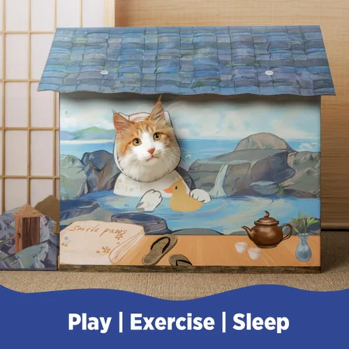 Vista 4 de SMILE PAWS Camas para gatos de interior, casa de cartón para gatos con rascadores, hotel Onsen, muebles grandes y resistentes para gatos, tienda
