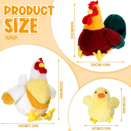 Vista 2 de Skylety Juego de 3 juguetes de peluche de pollo, juguete de peluche de pollo, juguete de peluche de gallo para granja, baby shower, fiesta
