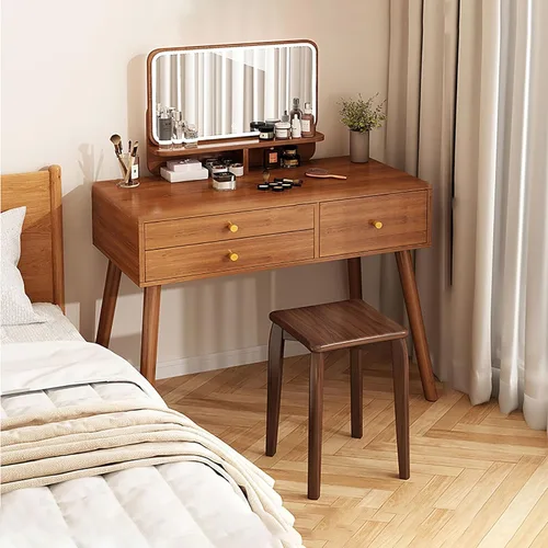 Vista 11 de Tocador con espejo de luces, escritorio de maquillaje de madera con taburete acolchado, moderno escritorio de tocador para dormitorio con taburete