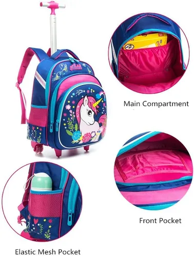Vista 4 de Meetbelify Mochilas con ruedas de unicornio para niñas, mochila con ruedas para niñas, bolsas escolares con lonchera