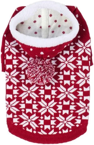Vista 4 de Blueberry Pet Let It Snow Suéter Clásico Feo de Navidad con Capucha y Diseño de Copos de Nieve para Perro en Rojo y Blanco, Longitud de Espalda 12