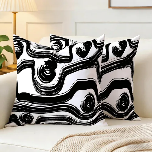 Vista 3 de Fundas de Almohada Decorativas de Rayas Blancas y Negras 18x18 pulgadas, Juego de 2, Patrón Moderno de Lino Arte Abstracto Estilo Boho, Fundas