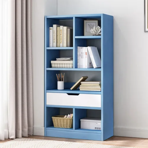 Vista 2 de IOTXY - Estantería de madera con espacios abiertos, 51" de altura, organizador de almacenamiento con 7 cubos y un cajón, estante de piso, color azul