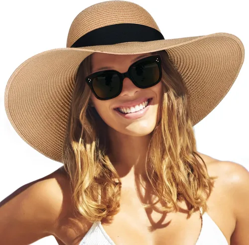 Vista 15 de FURTALK Sombrero de paja para mujer, ala ancha, UPF 80, sombrero de verano, plegable, plegable, flexible, para playa Beige