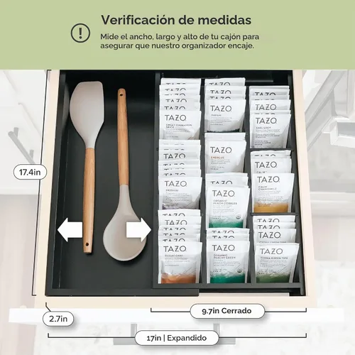 Vista 4 de KitchenEdge Organizador de cajón de cocina para bolsitas de té y cápsulas de café, expandible de 9.7 a 17 pulgadas, 10 compartimentos de Negro Bambú