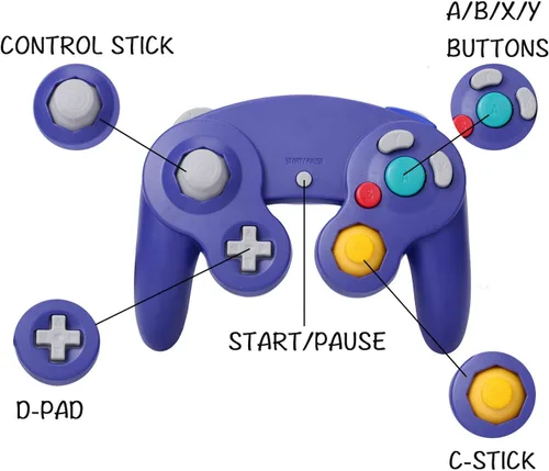Vista 2 de ONE250 Paquete de 2 controladores con cable Classic Shock Joypad, compatibles con Wii NGC Gamecube Game Cube (morado y naranja)