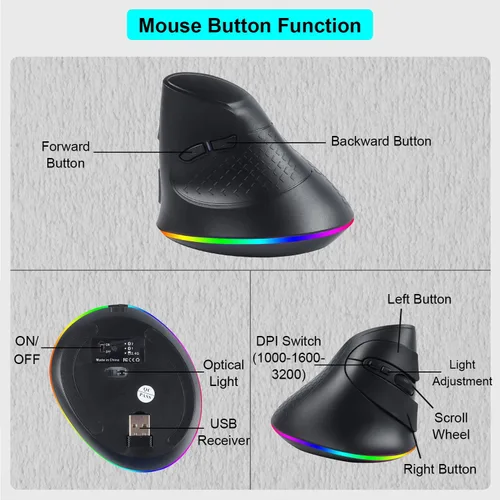 Vista 6 de Ratón vertical inalámbrico ergonómico Bluetooth, conexión de 3 dispositivos (BT1/BT2 + USB de 2.4 G), RGB 3200 DPI tipo C recargable portátil