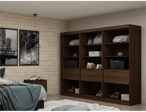 Vista 2 de Juego de armario modular abierto contemporáneo de 3 piezas de madera en marrón