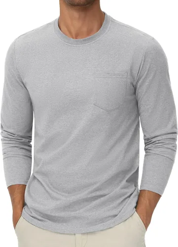 Vista 9 de Cotrasen Camisetas de manga larga para hombre, de algodón, cuello redondo, absorben la humedad, suaves, casuales, con bolsillo