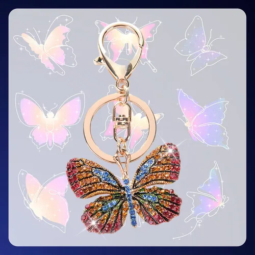 Vista 4 de Llavero de mariposa de aleación de diamantes de imitación, diseño de rana, leopardo, pulpo, animal brillante, llavero de metal para bolsa, bolsa