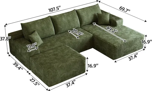 Vista 3 de Sofá modular, sofá modular en forma de U, sofá seccional con otomana, moderno y minimalista, asiento profundo, sofá esquinero para sala de estar