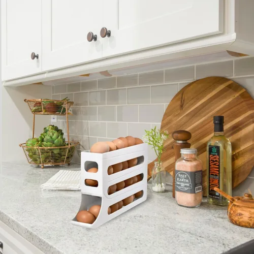 Vista 3 de Soporte para huevos con ruedas automáticas para refrigerador, estante organizador de refrigerador (blanco)