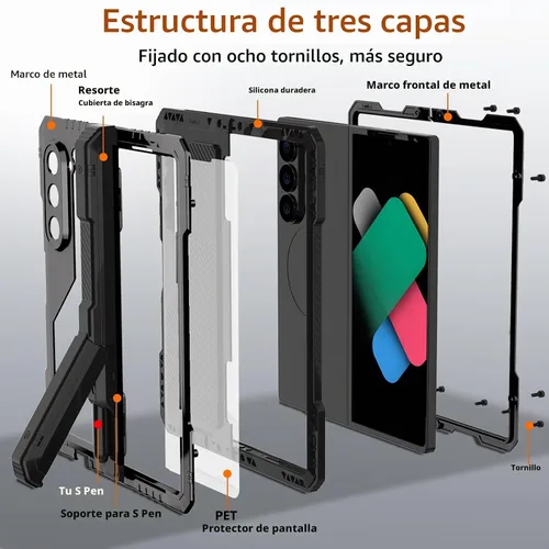Vista 7 de Funda de metal para Samsung Galaxy Z Fold 5 con soporte para bolígrafo Fold5 S, resistente funda protectora de pantalla Z Fold 5, protector de Negro