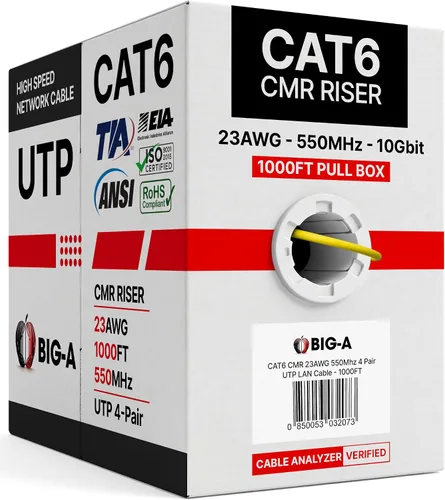 Vista 10 de Big-A Cable Ethernet Cat 6 de 1000 pies, negro, cable Cat6 a granel, elevador UTP CMR sólido de 23 AWG, cable LAN de Internet de red de 550 MHz