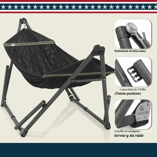Vista 4 de Soporte de hamaca Tranquillo Uniki con garantía de 3 años, hamaca plegable instantánea de 30s con soporte, hamaca de camping con capacidad de 550 1.