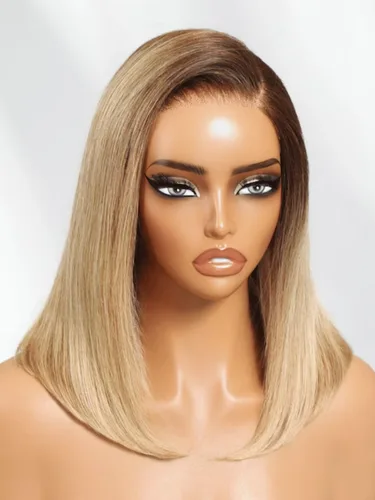 Vista 3 de Pelucas de cabello humano Bob de Beauty Forever, rubia con raíces marrones, parte lateral, corte recto, 7x5 encaje HD, adiós a los nudos, peluca Bob