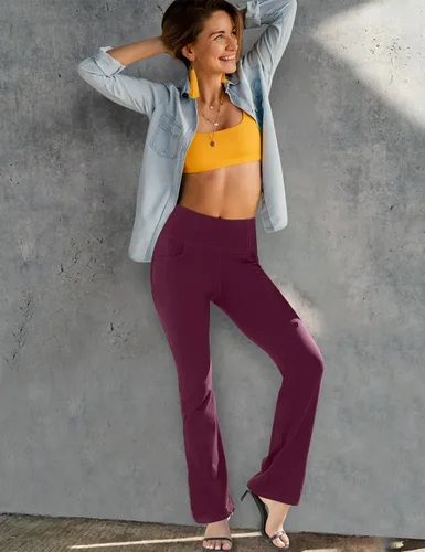 Vista 4 de VOOVEEYA Leggings con corte de bota para mujer, pantalones de yoga acampanados con 4 bolsillos, control de abdomen, pantalones de vestir casuales