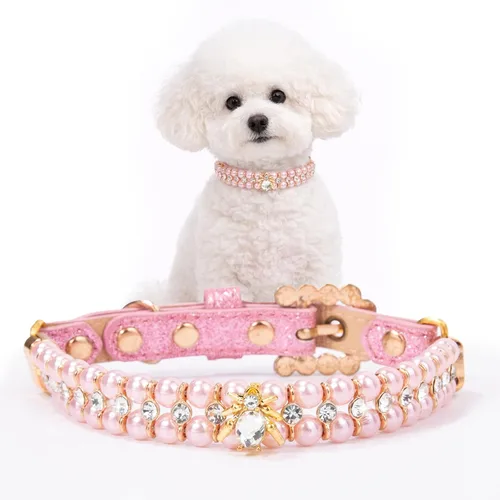 Vista 10 de HOWWFALY Collares de perlas para perros y gatos con diamantes de imitación de cristal, collar de piel sintética, collar ajustable para perros