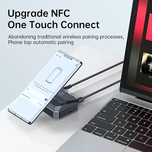 Vista 5 de 5.3 Receptor Bluetooth estéreo para el hogar, adaptador Bluetooth a RCA/AUX, adaptador de audio RCA con función NFC, soporte USB y reproducción