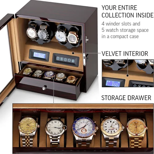 Vista 6 de Enrollador de 4 relojes con espacio de almacenamiento de 5 relojes, pantalla LCD, control táctil y luz