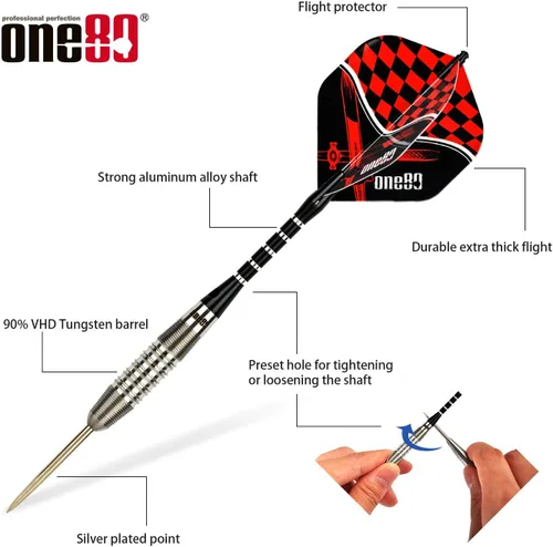 Vista 2 de ONE80 - Dardo de punta de acero profesional de tungsteno 90% VHD, estilo barril con vuelos extra, ejes y sacapuntas, caja de regalo con empaque