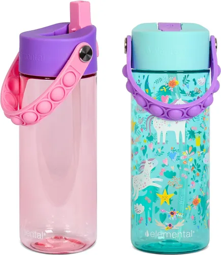Vista 38 de Elemental Botellas de agua para niños – Botella de agua para niños Splash para la escuela con mango Pop-it – Botella de agua de plástico Tritan sin
