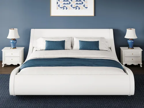 Vista 3 de WEEWAY Base de cama moderna tapizada de tamaño matrimonial, cama de trineo de piel sintética con cabecera ajustable, soporte de listones de madera