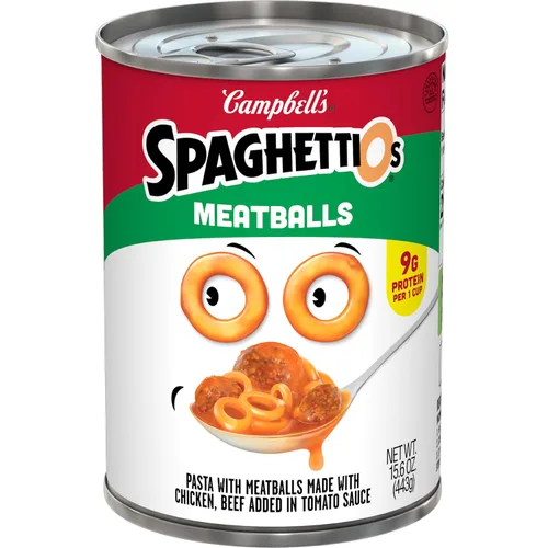 Vista 24 de SpaghettiOs Pasta enlatada con albóndigas A to Z's, lata de 15.6 onzas