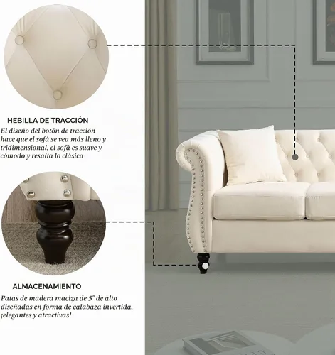 Vista 6 de Juego de Sofá Combinado de Terciopelo Chesterfield de 2 Piezas para Sala de Estar, Sofá de 3 Plazas y Loveseat con Tapizado Capitoné con 4