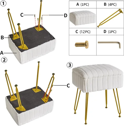 Vista 8 de IBUYKE Silla Taburete con Espacio de Almacenamiento, Reposapiés Taburete Otomano, Mesa Auxiliar Pequeña, con 4 Patas de Metal, con Pies Blanco