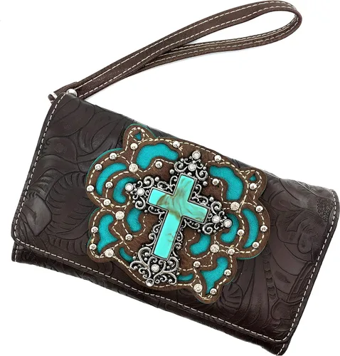 Vista 2 de Zelris Western turquesa piedra Cruz mujeres Crossbody muñeca asa triple cartera